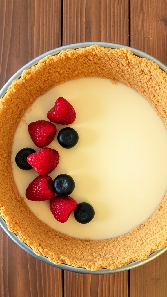 A 9-inch graham cracker crust filled with cheesecake and topped with berries on a wooden table.